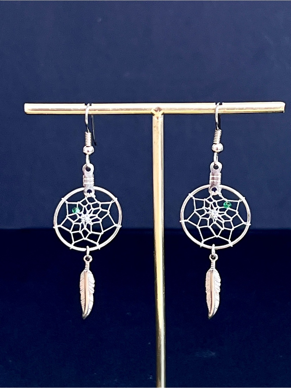 Boho Silver-Tone Dreamcatcher Dangle Earrings with Green Glass Beads